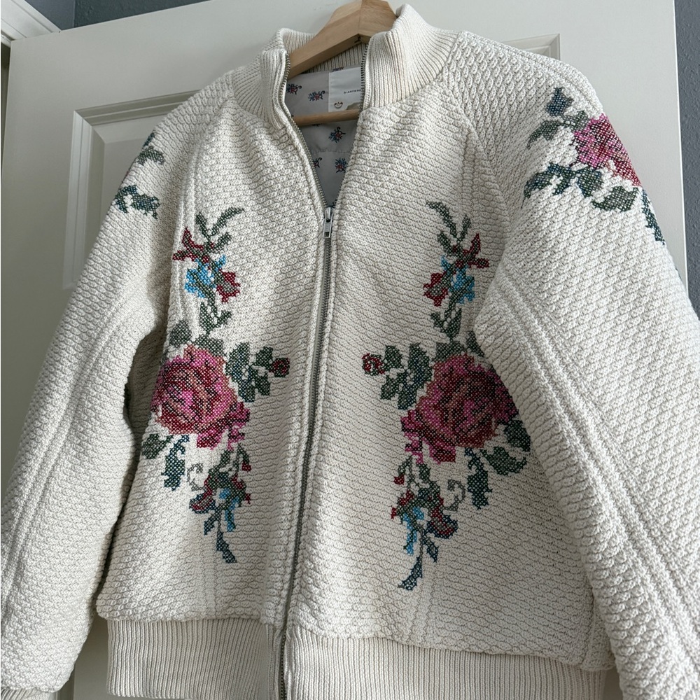 Anthropologie Cream Bomber Jacket with Floral Embroidery